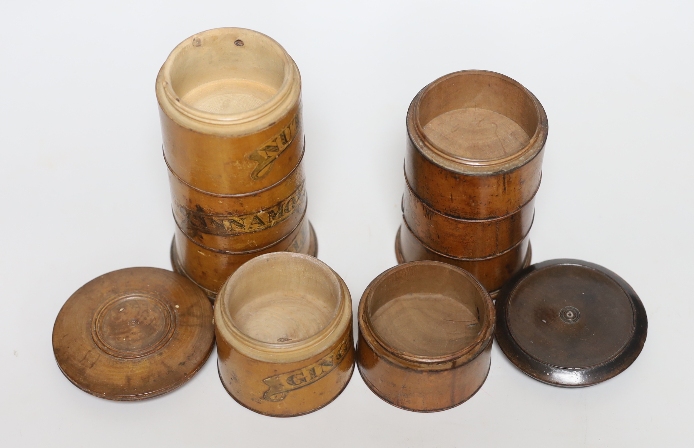 Two 19th century treen spice towers, tallest 19.5cm